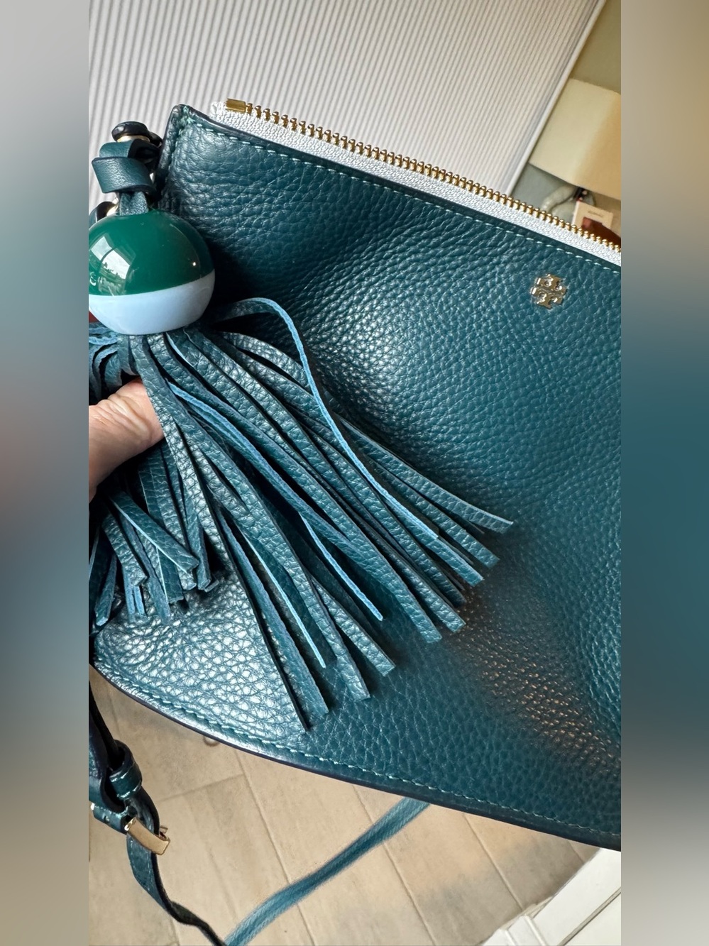 Tory Burch Teal Pebbled Leather Slim Crossbody Tassel Bag